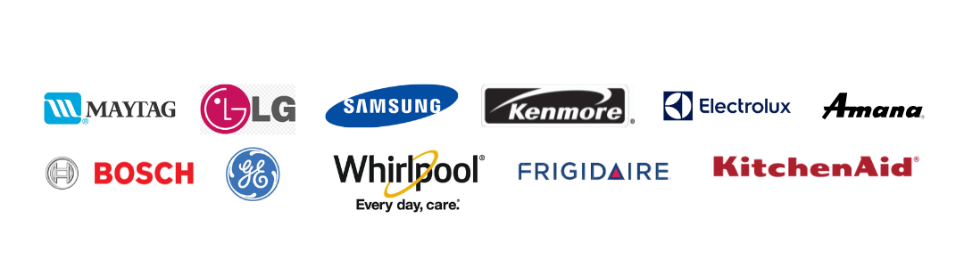 Maytag, LG, Samsung, Kenmore, Electrolux, Amana, Bosch, GE, Whirlpool, Frigidaire and KitchenAid logos