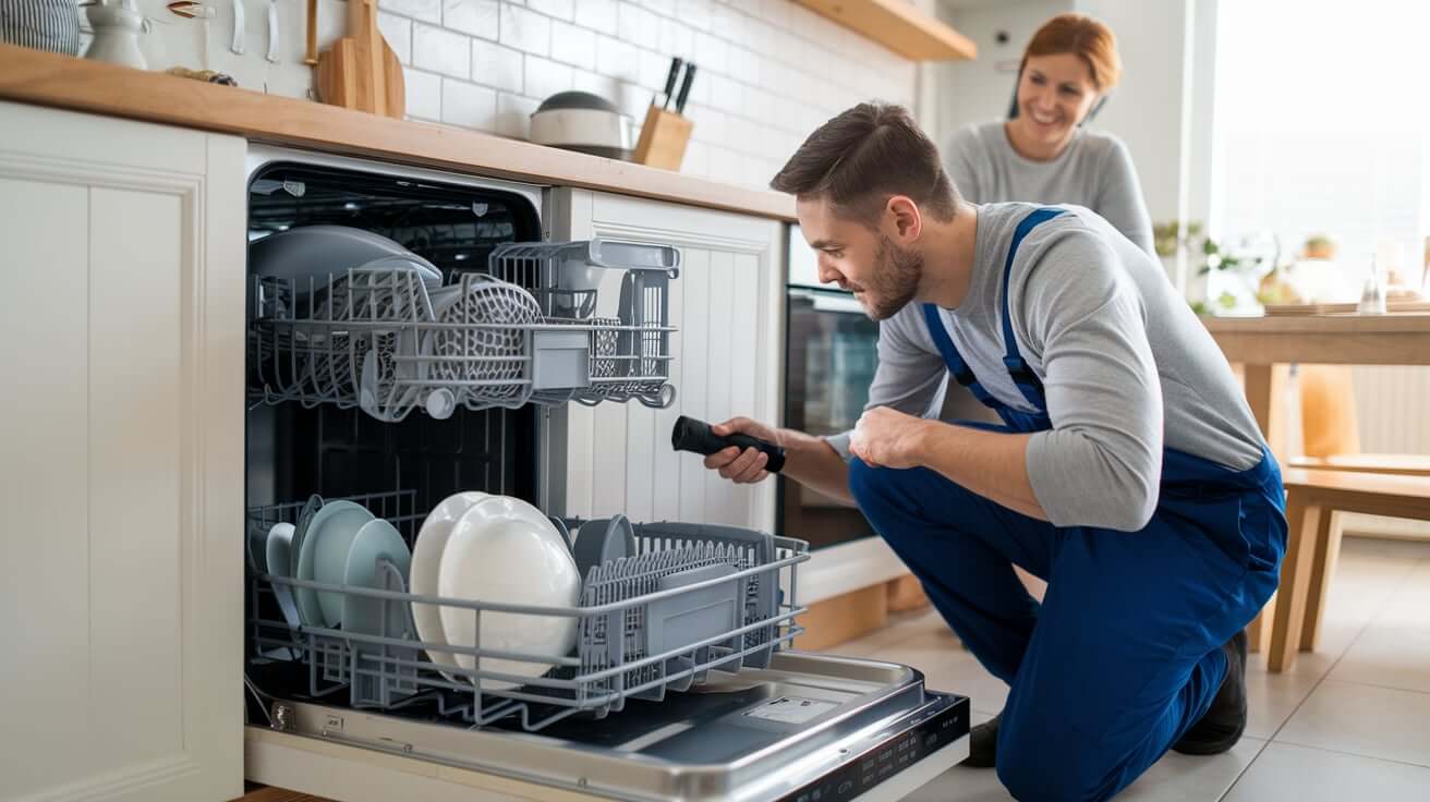 Technician inspecting a dishwasher spray arm with a flashlight