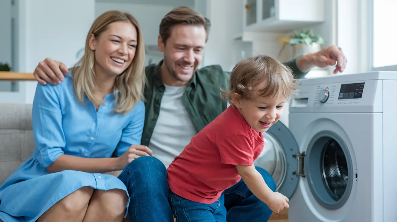 Rochester family relaxing next to their repaired washing machine