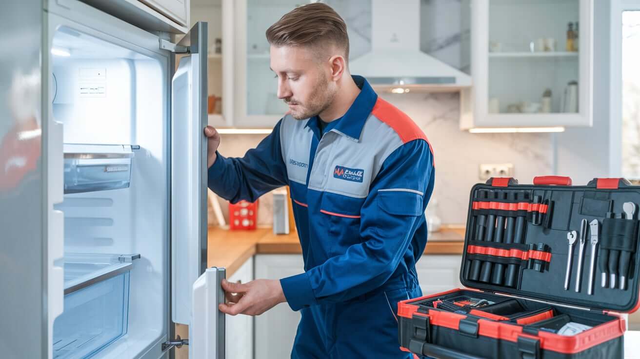 Local Appliance Repair Rochester technician opening a refrigerator with a tool case ready