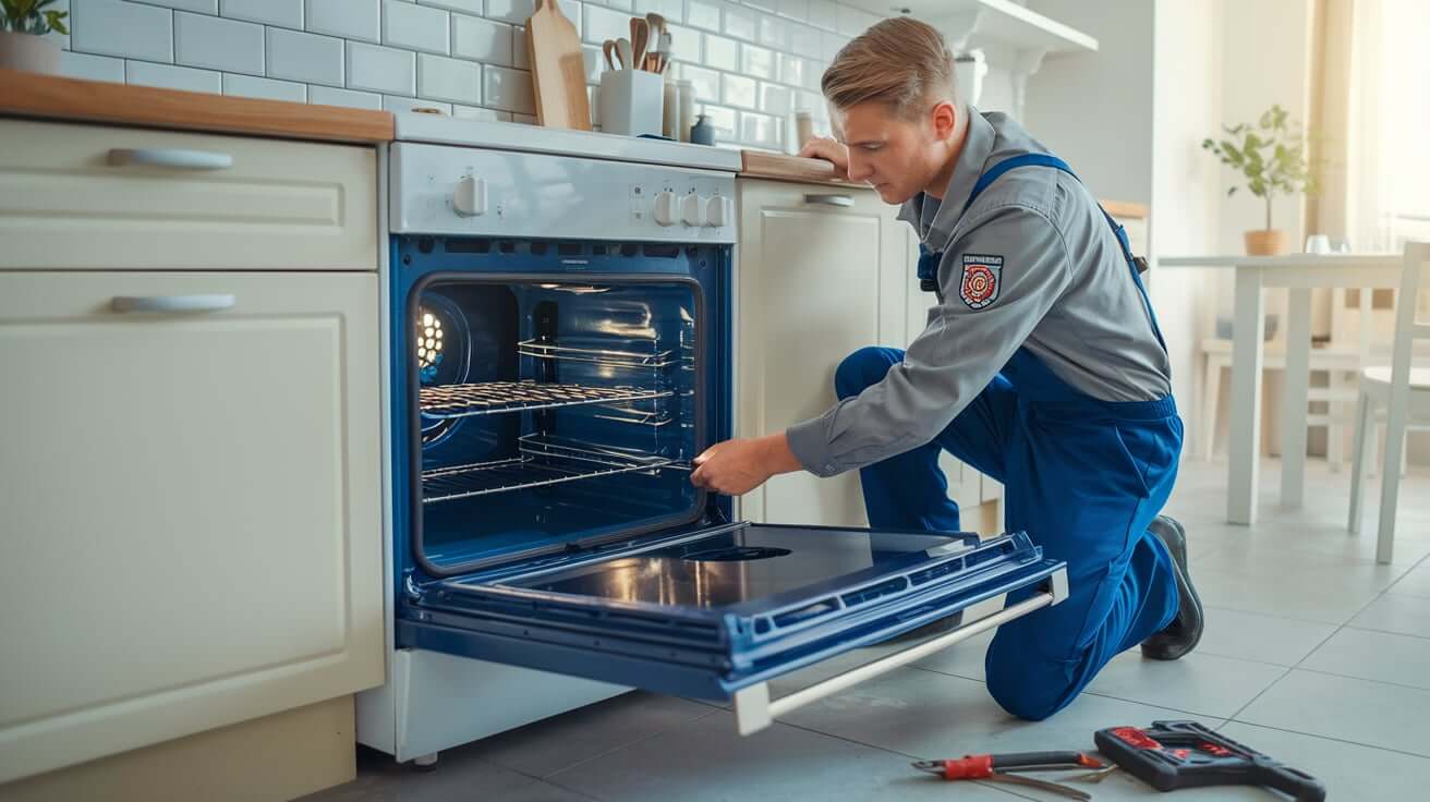 Technician testing an oven heating element in a Rochester home