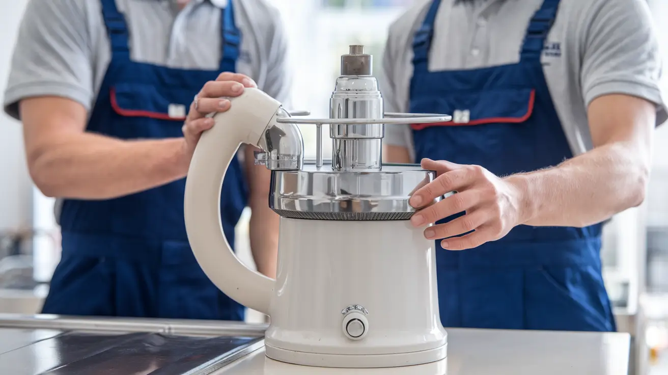 Two technicians inspecting a kitchen appliance motor base
