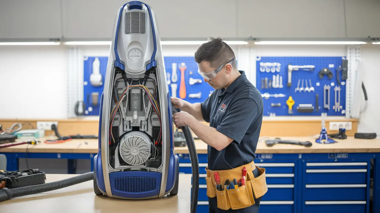 Technician repairing an upright vacuum cleaner motor at a workbench