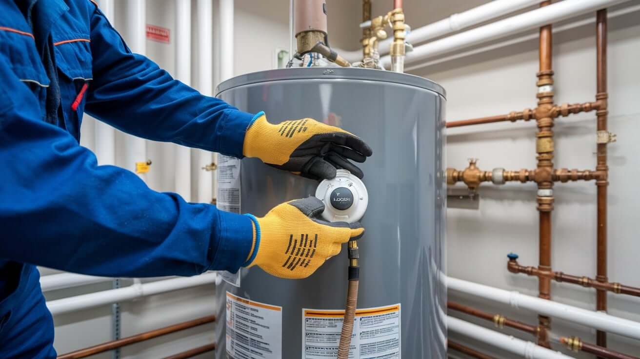 Technician adjusting the gas control on a water heater in Rochester MN