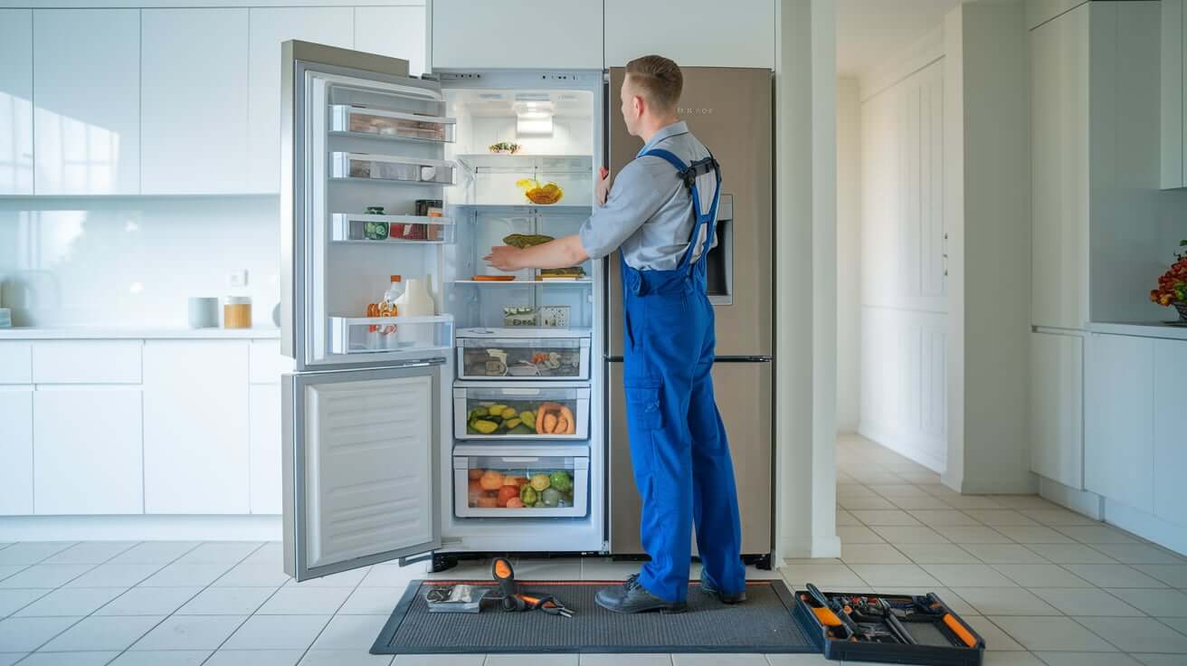 Technician repairing a refrigerator and freezer in a Rochester MN kitchen