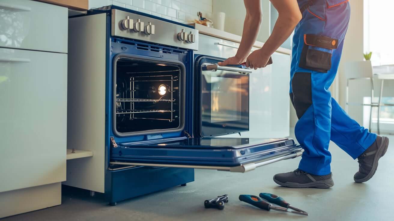 Technician working on a wall oven and microwave combo